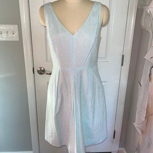 J. Crew Seersucker Blue & White Striped V Neck Dress